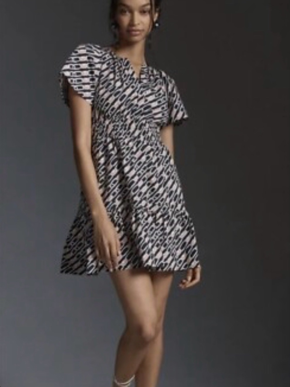Anthropologie Black & White Printed Flutter Sleeve Mini Dress